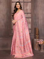 Janasya Pink Cotton Linen Floral Woven Saree - Distacart
