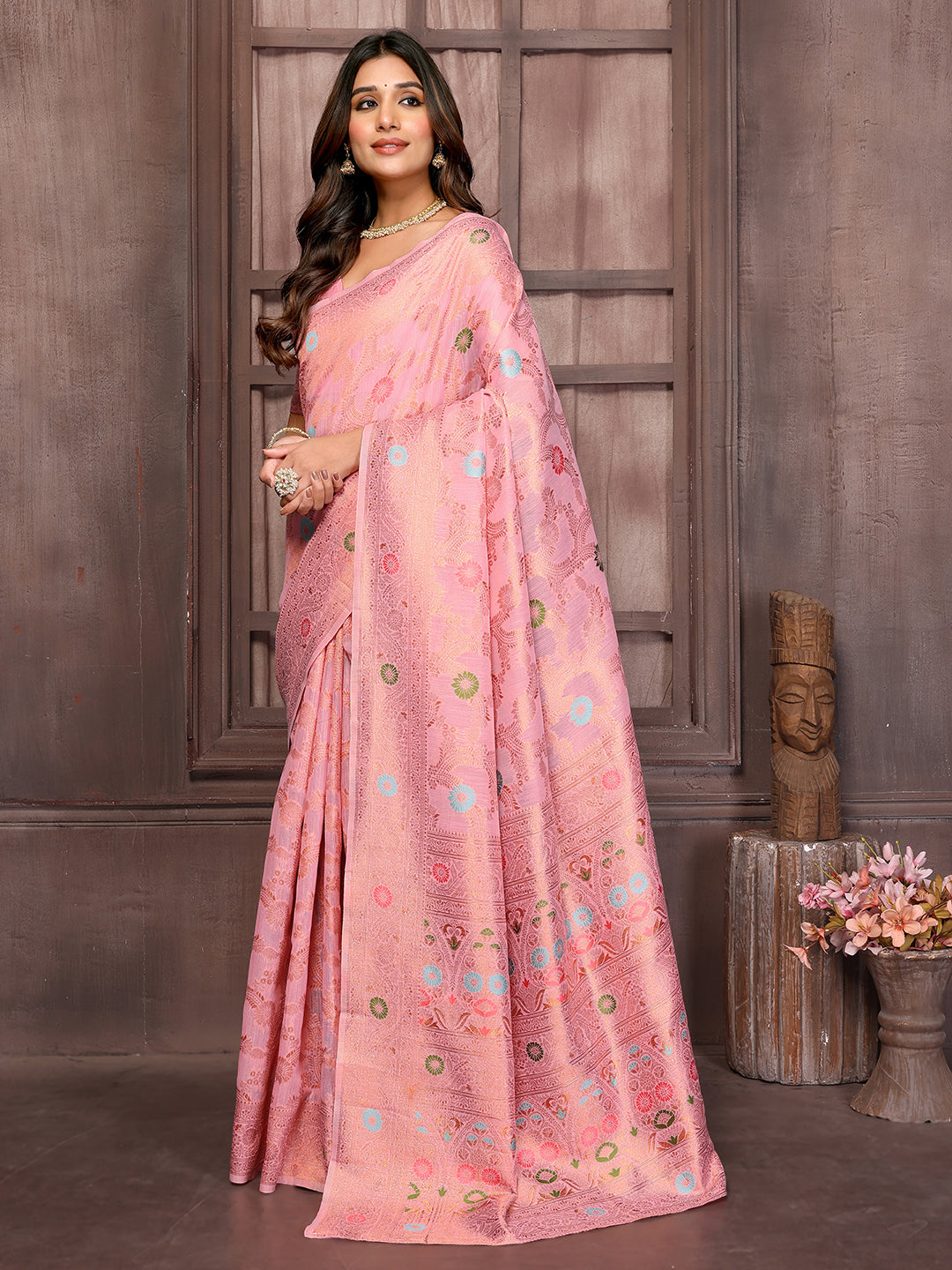 Janasya Pink Cotton Linen Floral Woven Saree - Distacart