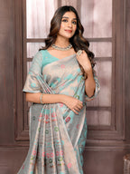 Janasya Light Blue Cotton Linen Floral Woven Saree - Distacart