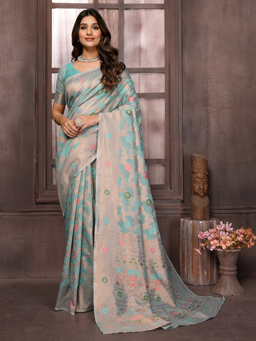 Janasya Light Blue Cotton Linen Floral Woven Saree - Distacart