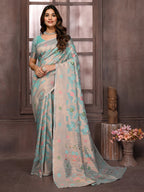 Janasya Light Blue Cotton Linen Floral Woven Saree - Distacart