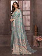 Janasya Light Blue Cotton Linen Floral Woven Saree - Distacart