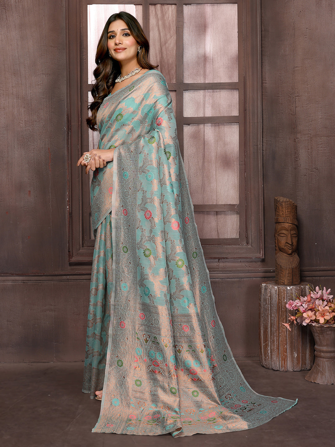 Janasya Light Blue Cotton Linen Floral Woven Saree - Distacart