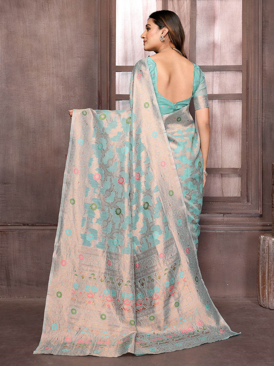 Janasya Light Blue Cotton Linen Floral Woven Saree - Distacart
