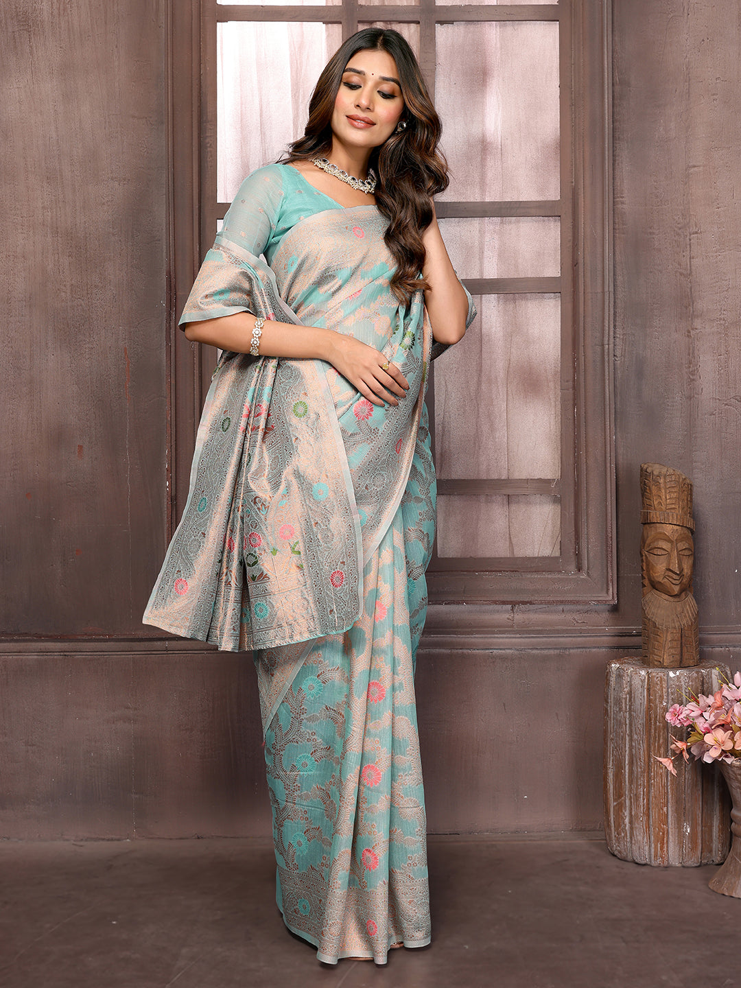 Janasya Light Blue Cotton Linen Floral Woven Saree - Distacart