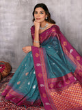 Janasya Teal Blue Cotton Linen Paisley Woven Saree - Distacart