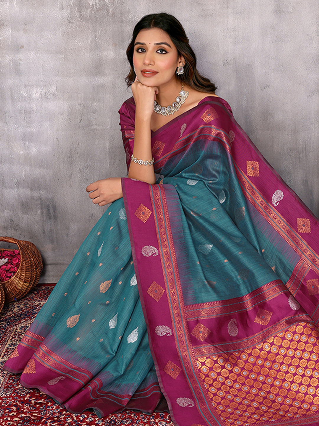 Janasya Teal Blue Cotton Linen Paisley Woven Saree - Distacart