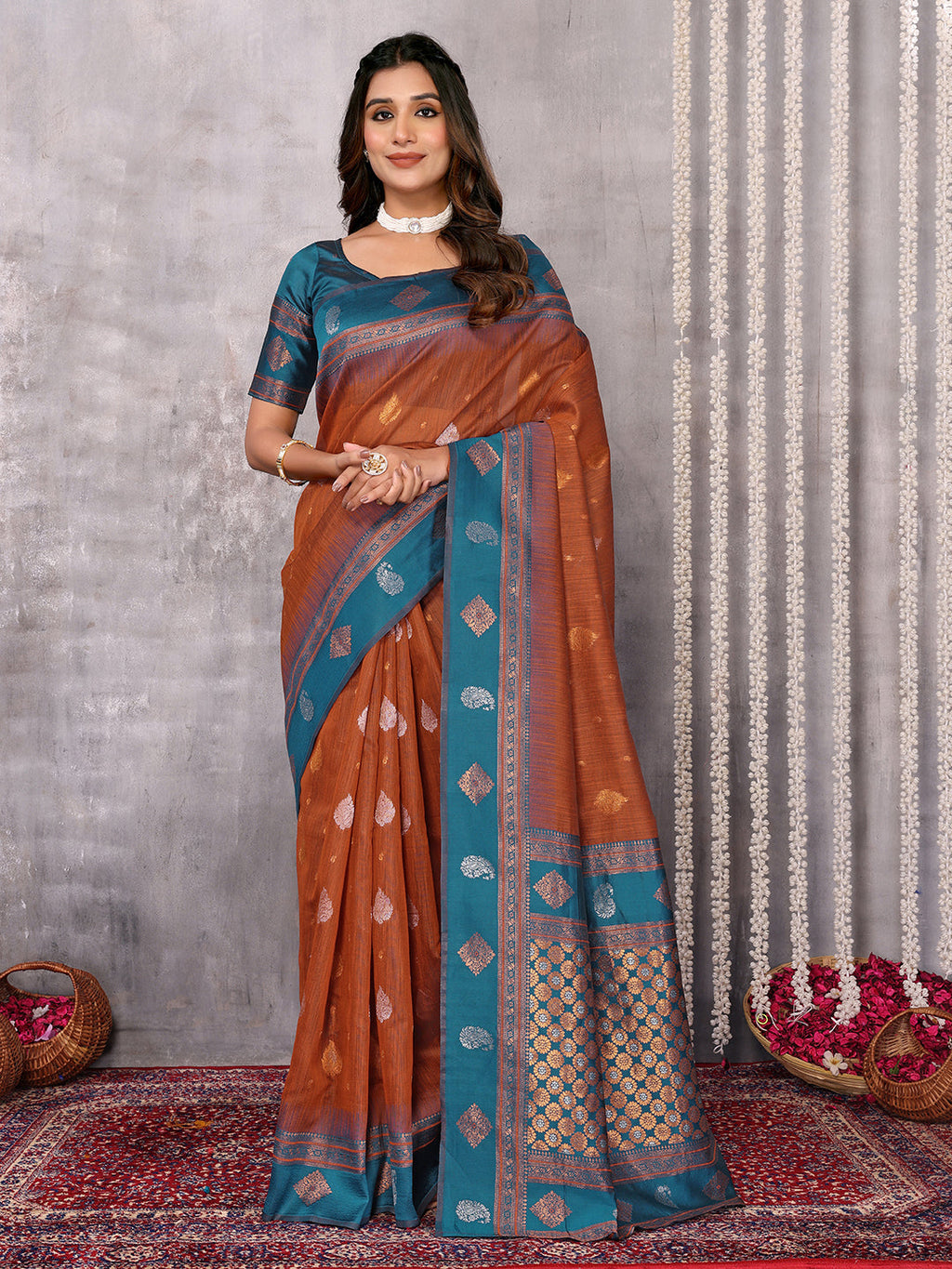 Janasya Rust Cotton Linen Paisley Kanjivaram Saree - Distacart