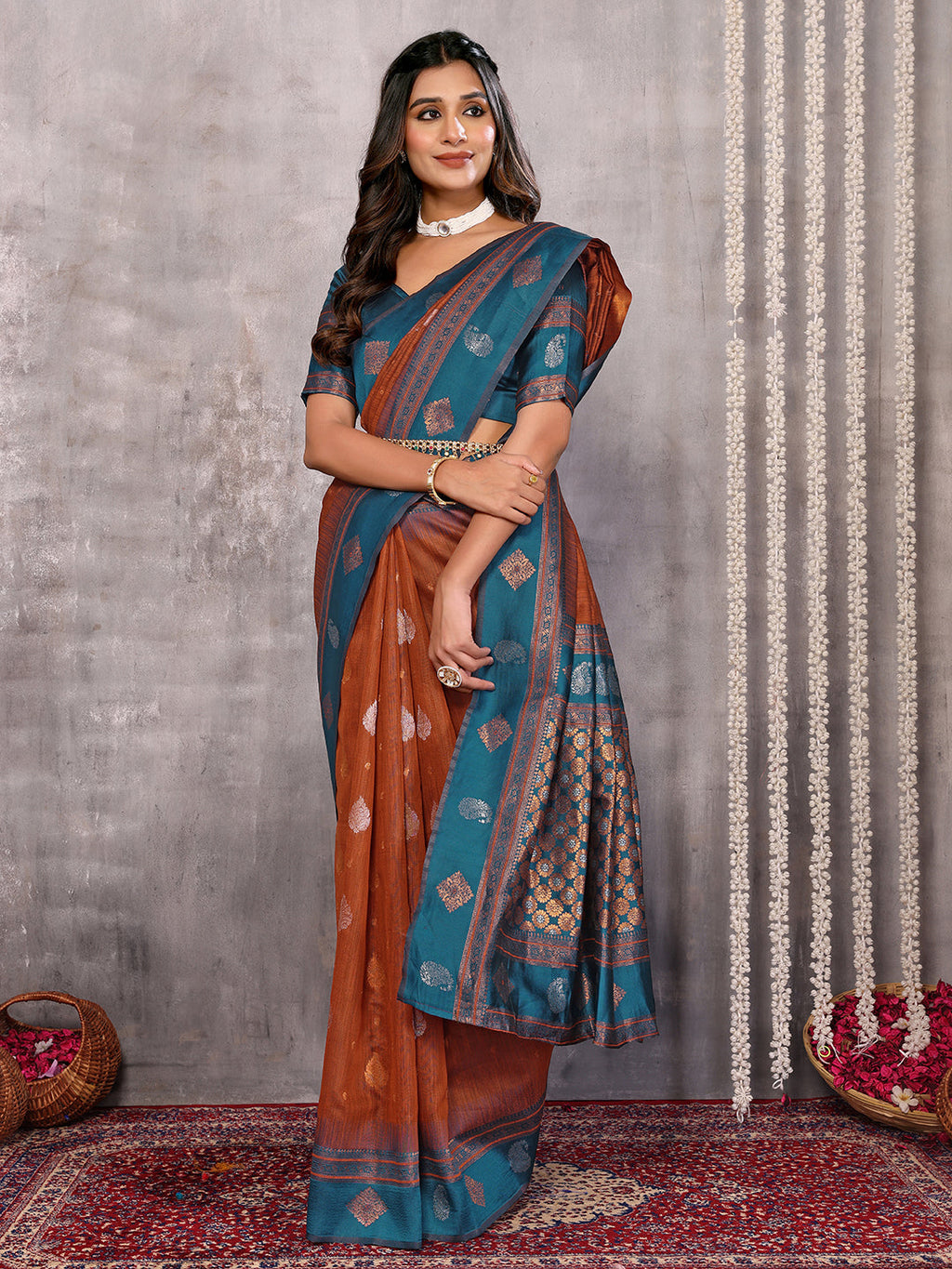 Janasya Rust Cotton Linen Paisley Kanjivaram Saree - Distacart