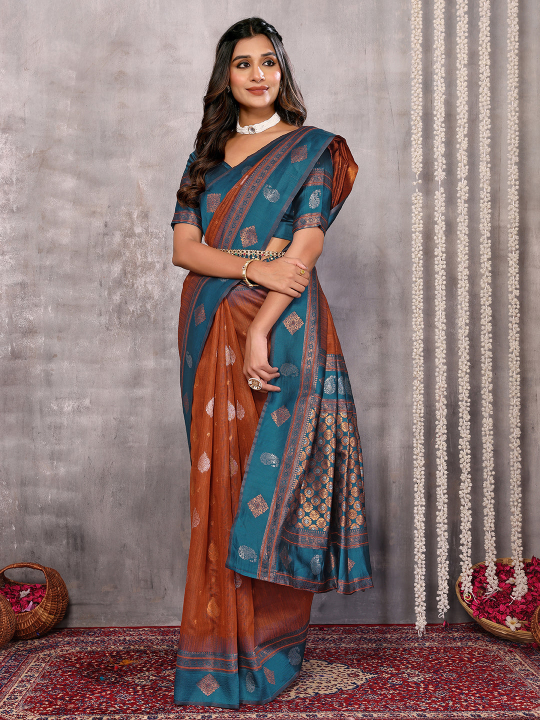 Janasya Rust Cotton Linen Paisley Kanjivaram Saree - Distacart