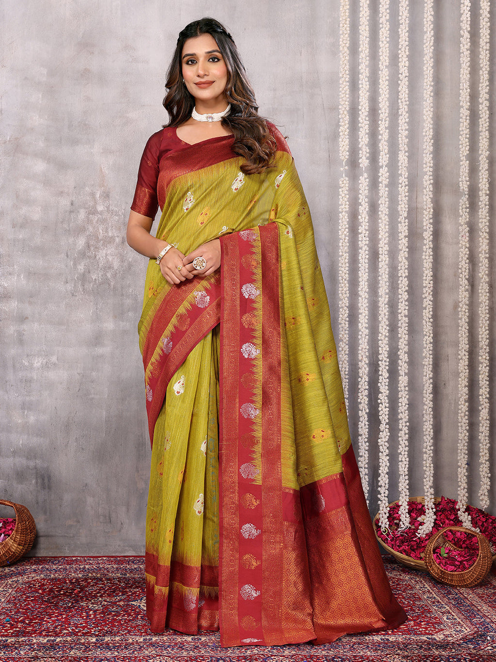 Janasya Mehndi Green Cotton Linen Ethnic Motifs Kanjivaram Saree - Distacart