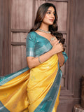 Janasya Yellow Silk Blend Checked Jacquard Border Saree - Distacart