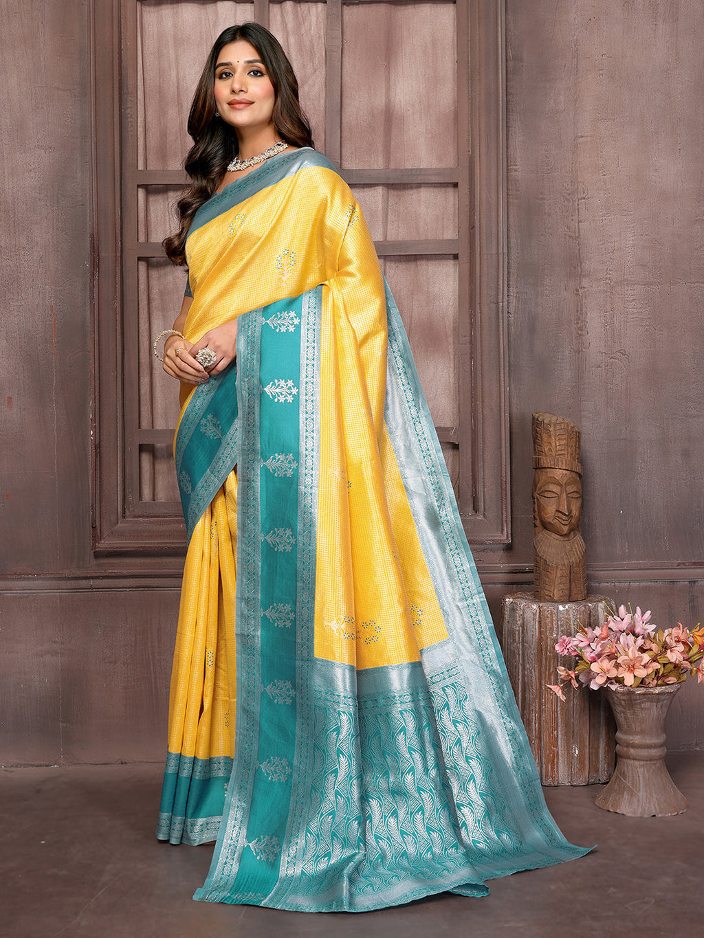 Janasya Yellow Silk Blend Checked Jacquard Border Saree - Distacart