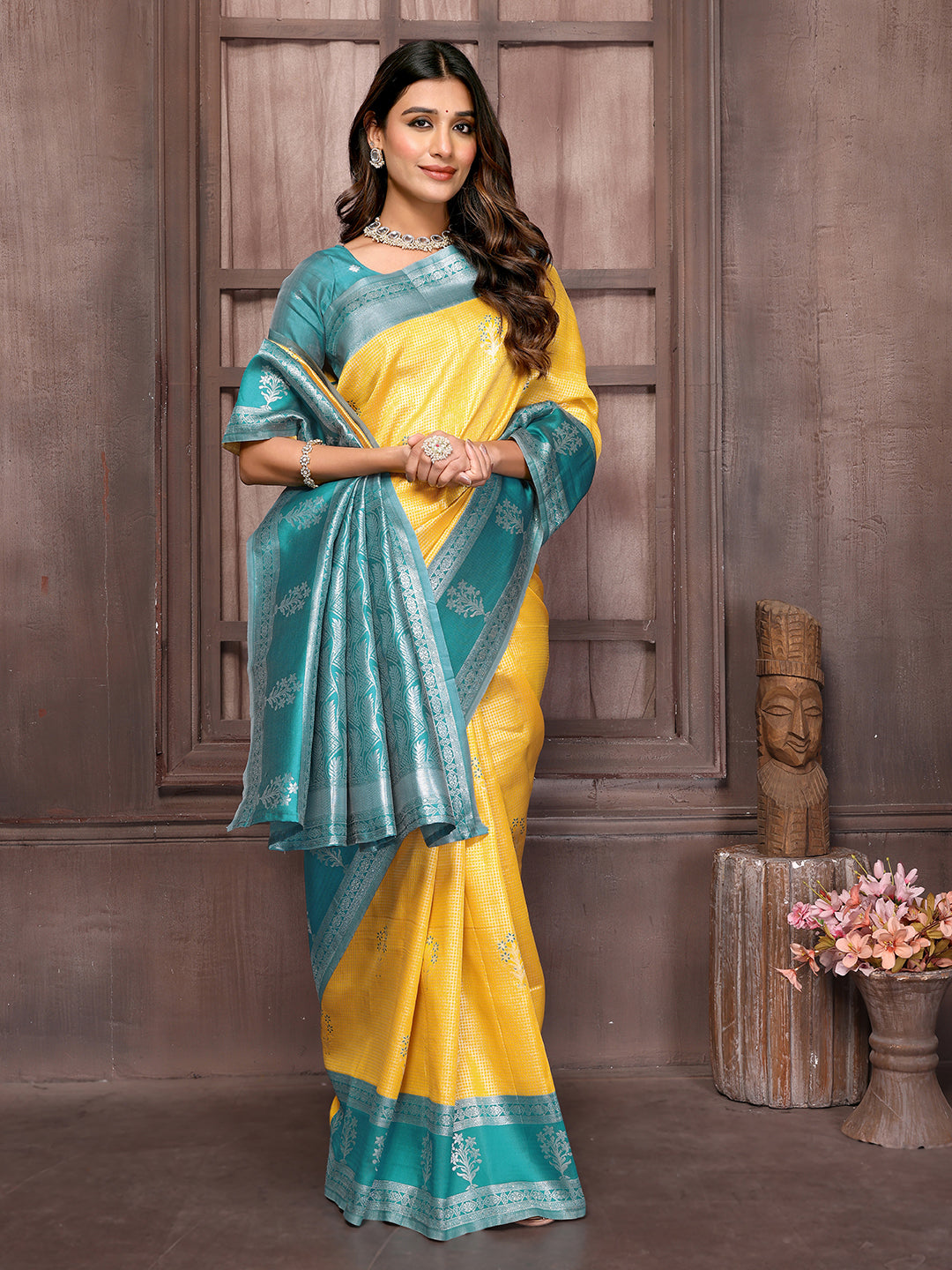 Janasya Yellow Silk Blend Checked Jacquard Border Saree - Distacart