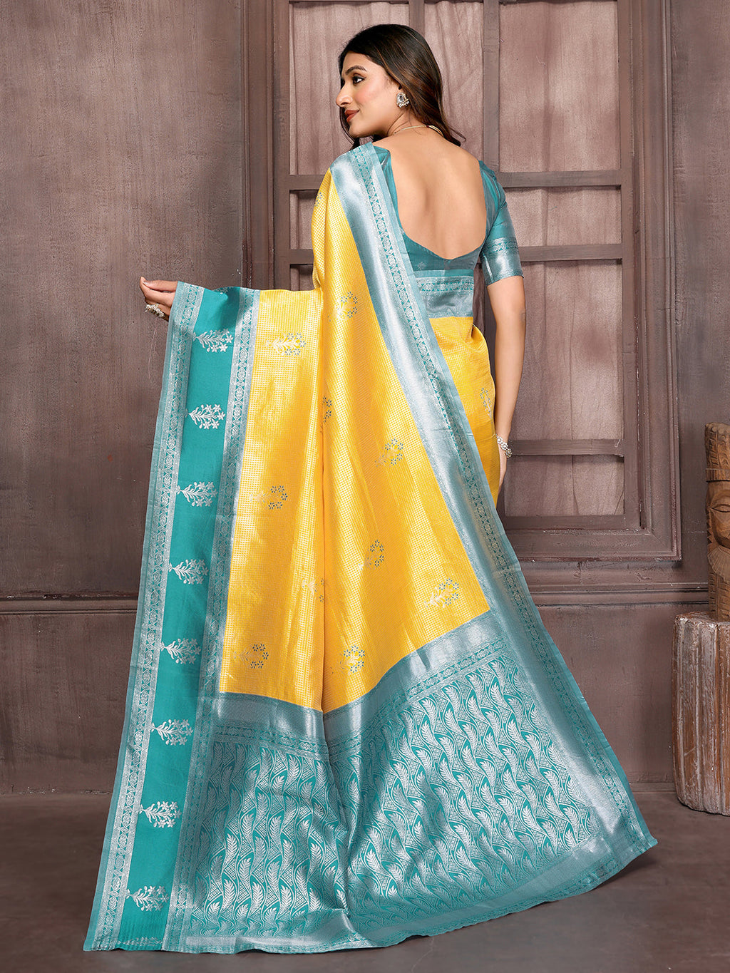 Janasya Yellow Silk Blend Checked Jacquard Border Saree - Distacart