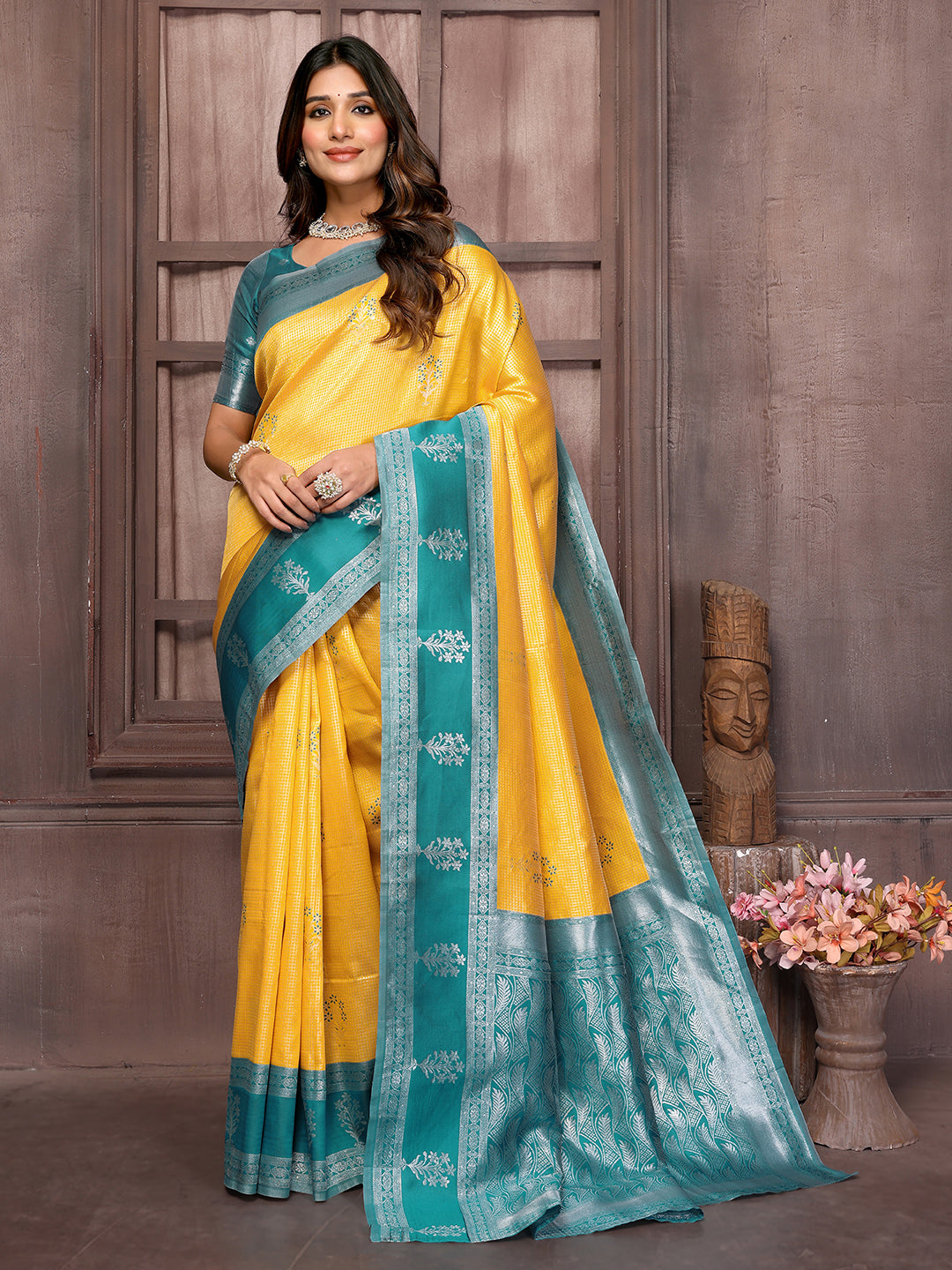 Janasya Yellow Silk Blend Checked Jacquard Border Saree - Distacart