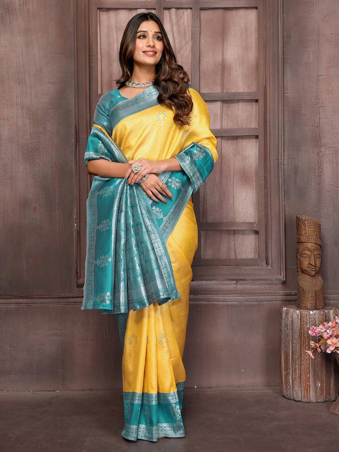 Janasya Yellow Silk Blend Checked Jacquard Border Saree - Distacart