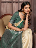 Janasya Beige Silk Blend Checked Jacquard Border Saree - Distacart