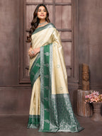 Janasya Beige Silk Blend Checked Jacquard Border Saree - Distacart