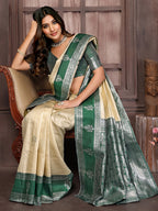 Janasya Beige Silk Blend Checked Jacquard Border Saree - Distacart