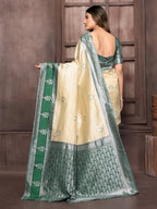 Janasya Beige Silk Blend Checked Jacquard Border Saree - Distacart