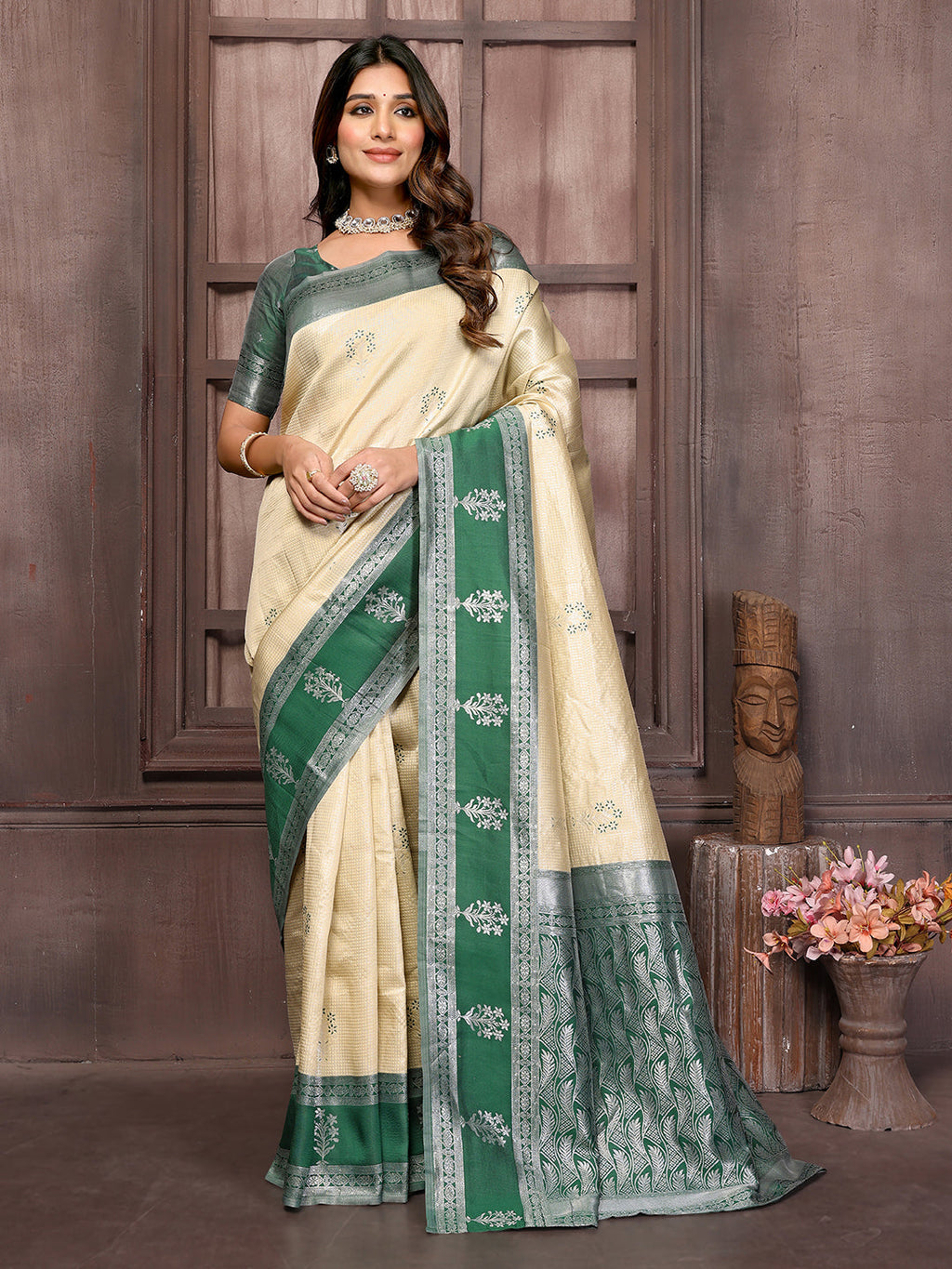 Janasya Beige Silk Blend Checked Jacquard Border Saree - Distacart