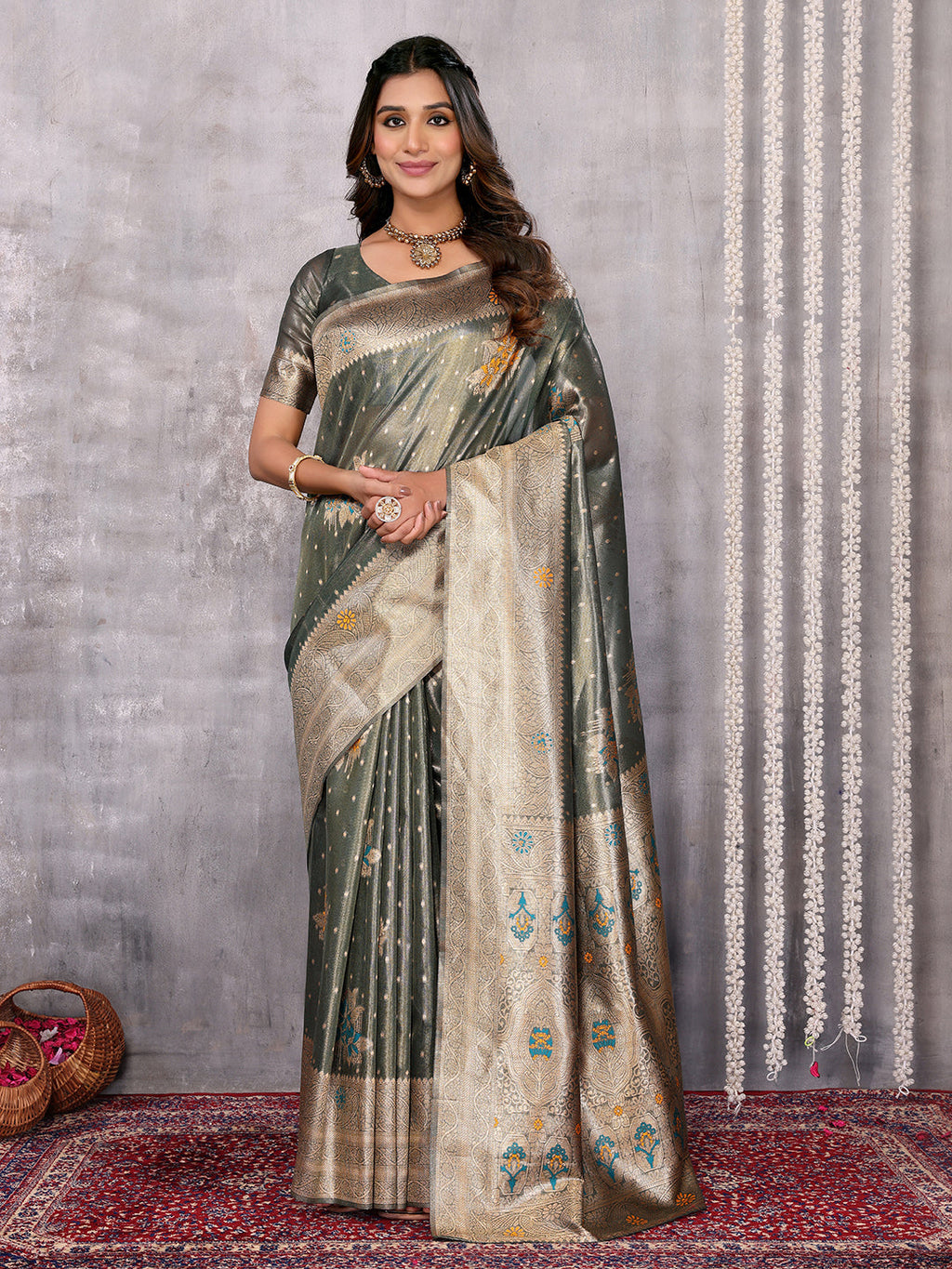 Janasya Olive Silk Blend Ethnic Motifs Banarasi Saree - Distacart