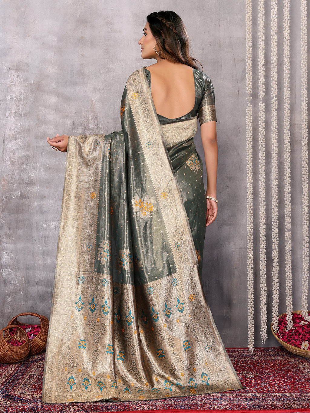 Janasya Olive Silk Blend Ethnic Motifs Banarasi Saree - Distacart