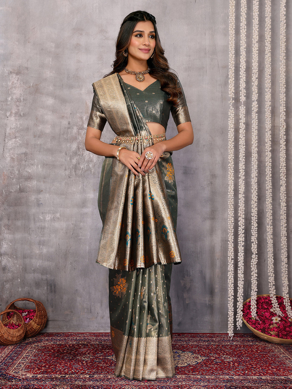Janasya Olive Silk Blend Ethnic Motifs Banarasi Saree - Distacart