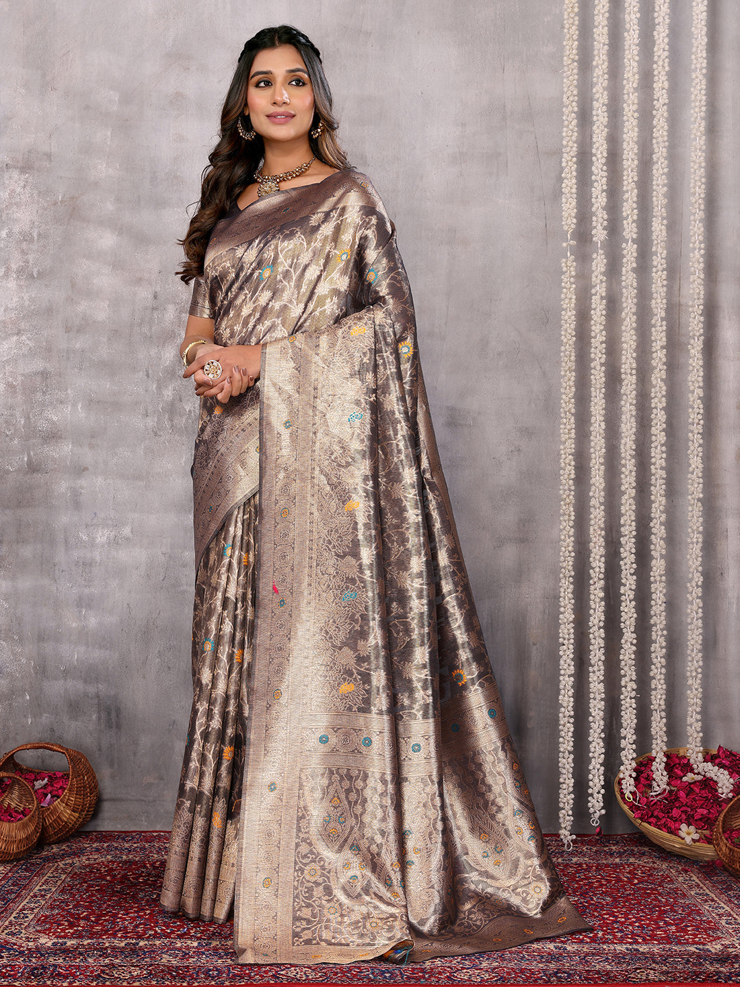 Janasya Blue & Gold Silk Blend Floral Banarasi Saree - Distacart