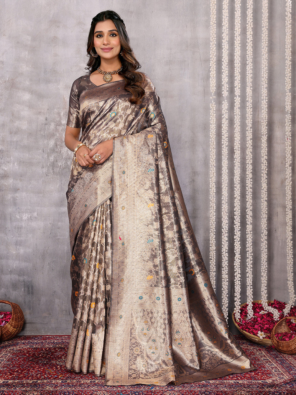 Janasya Blue & Gold Silk Blend Floral Banarasi Saree - Distacart