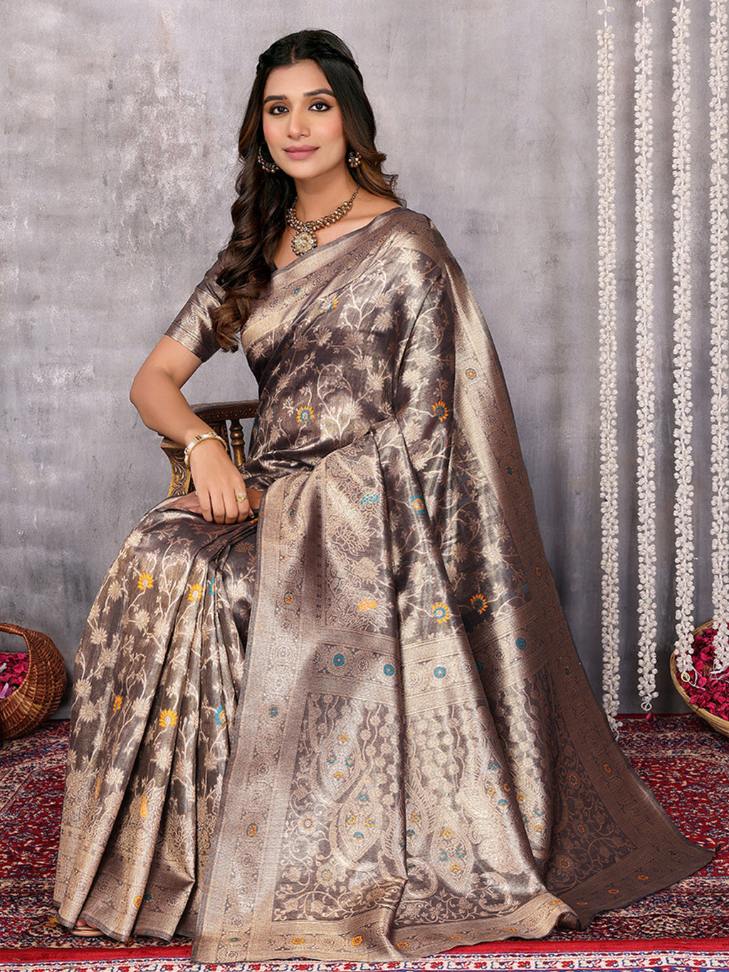 Janasya Blue & Gold Silk Blend Floral Banarasi Saree - Distacart