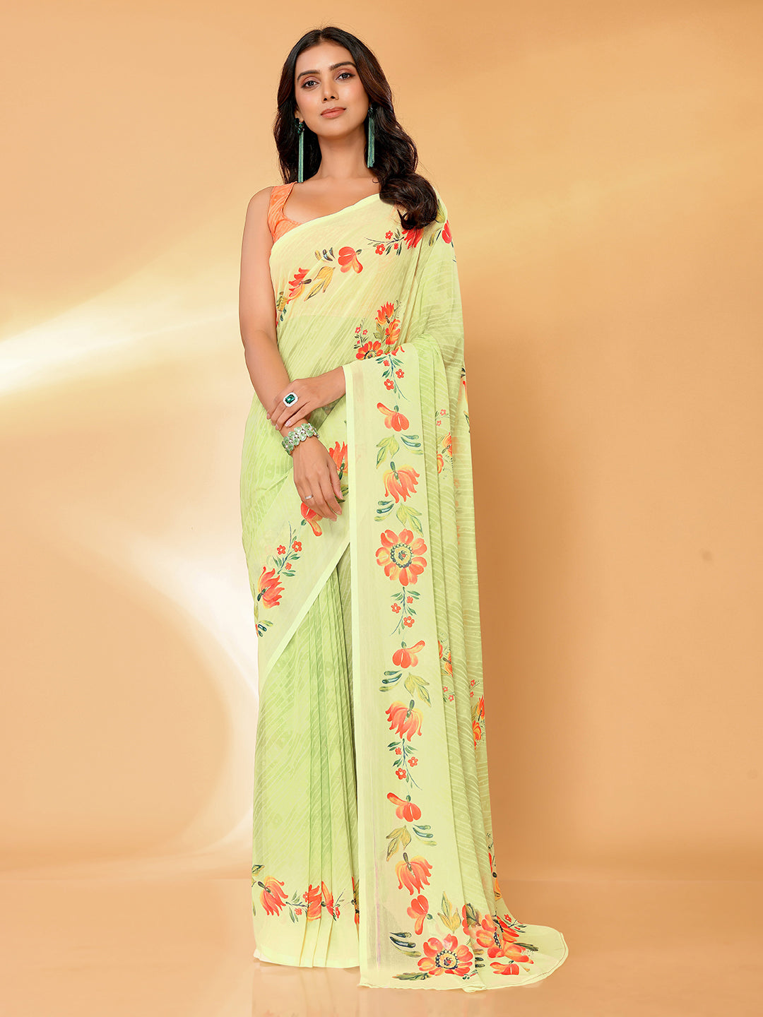 Janasya Light Green Georgette Floral Printed Saree - Distacart