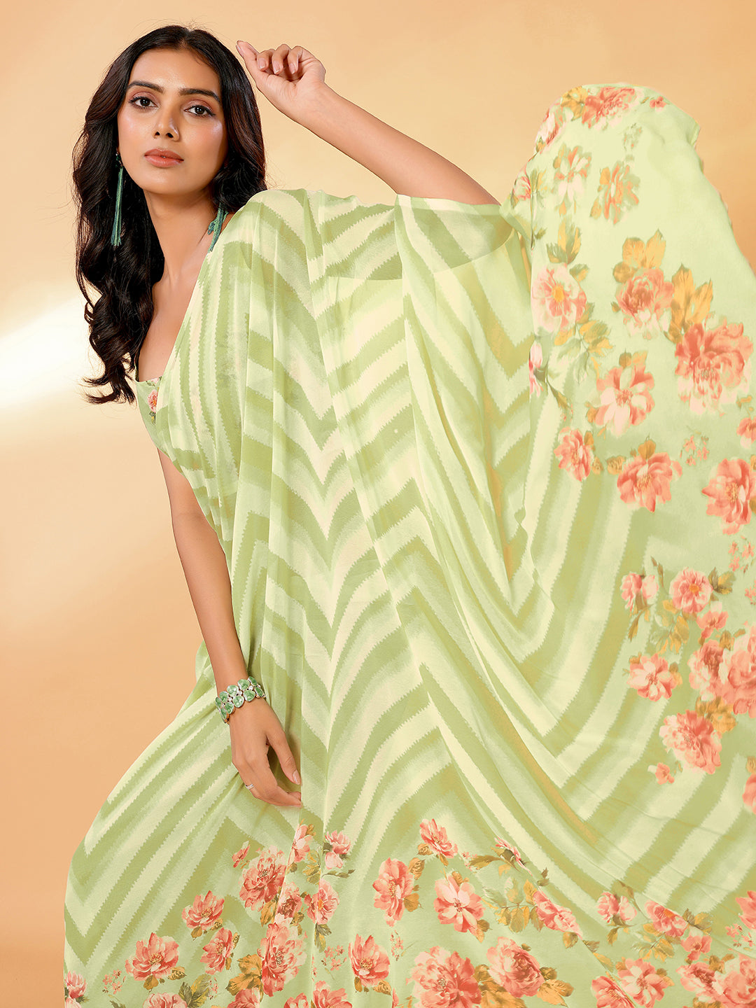Janasya Light Green Georgette Floral Printed Saree - Distacart