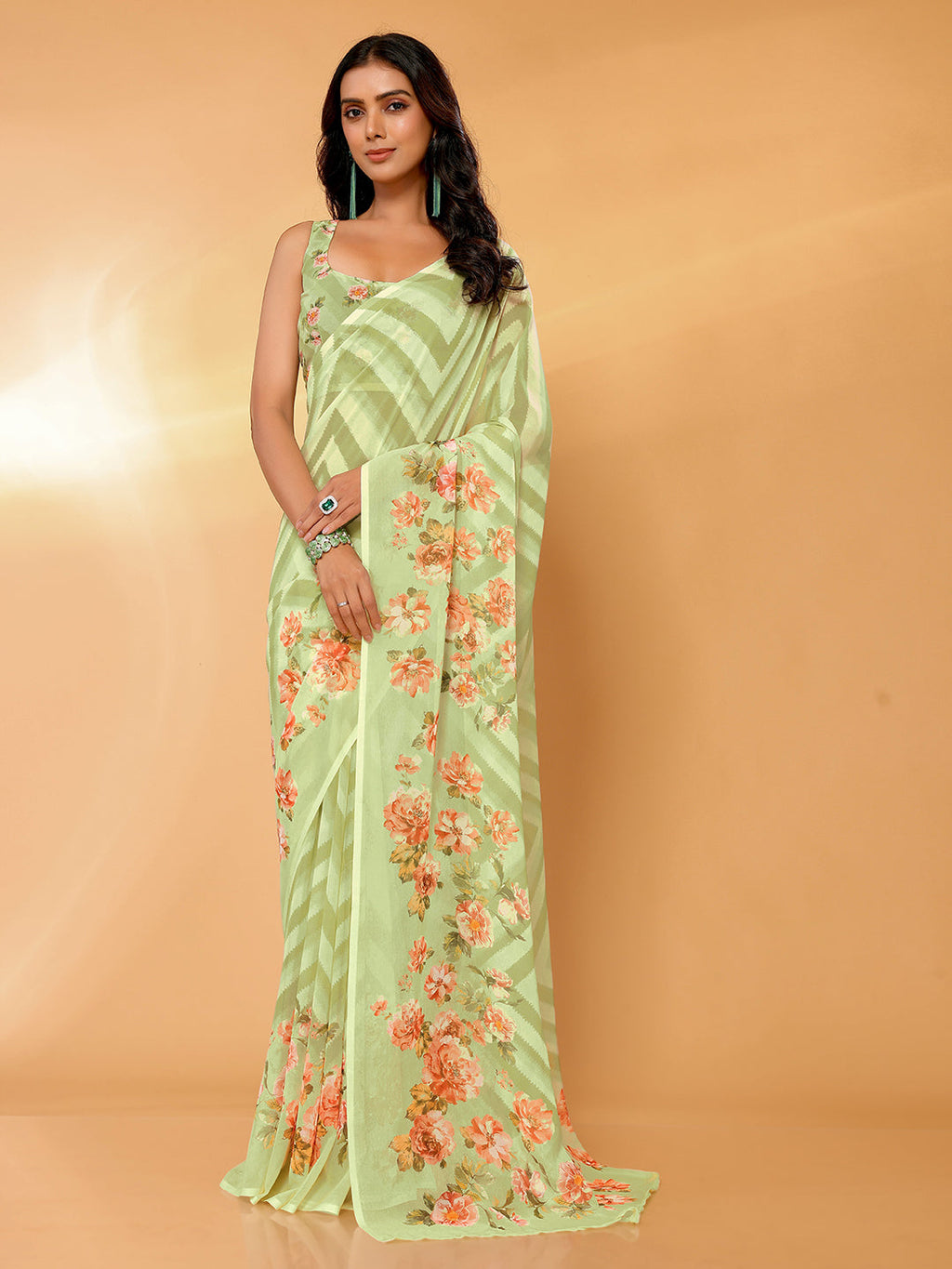 Janasya Light Green Georgette Floral Printed Saree - Distacart