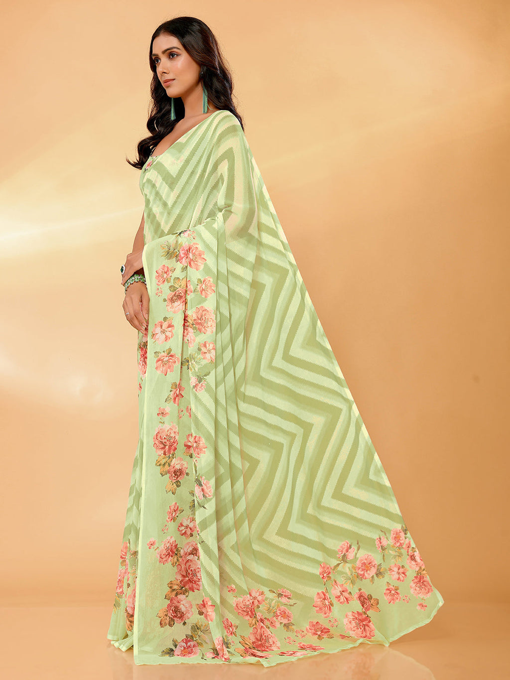 Janasya Light Green Georgette Floral Printed Saree - Distacart