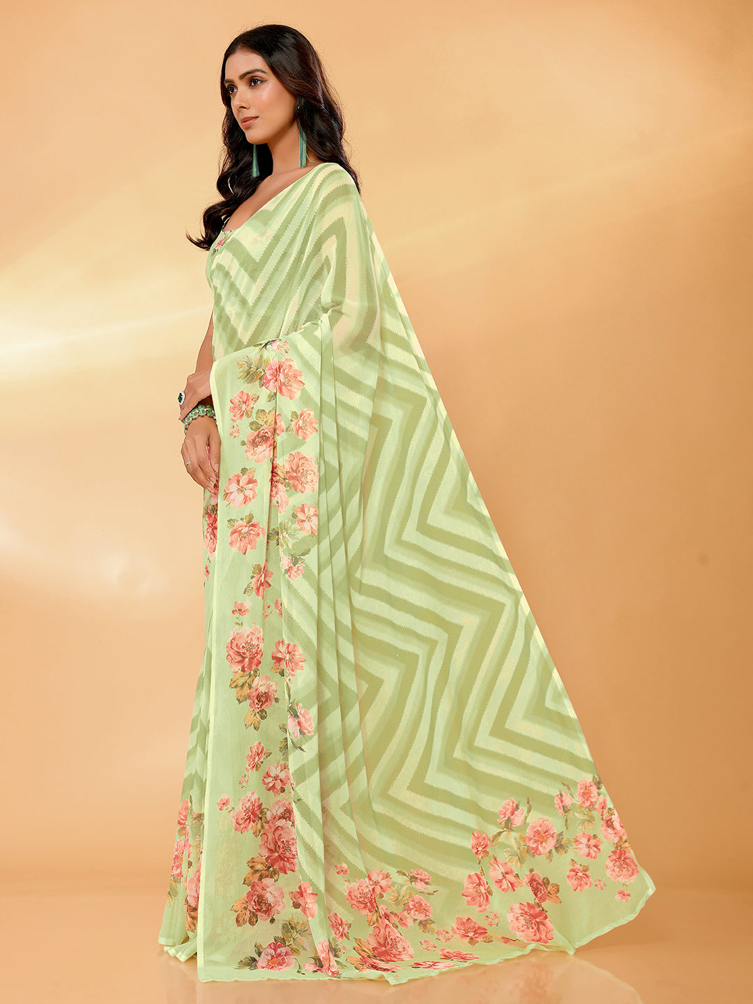 Janasya Light Green Georgette Floral Printed Saree - Distacart