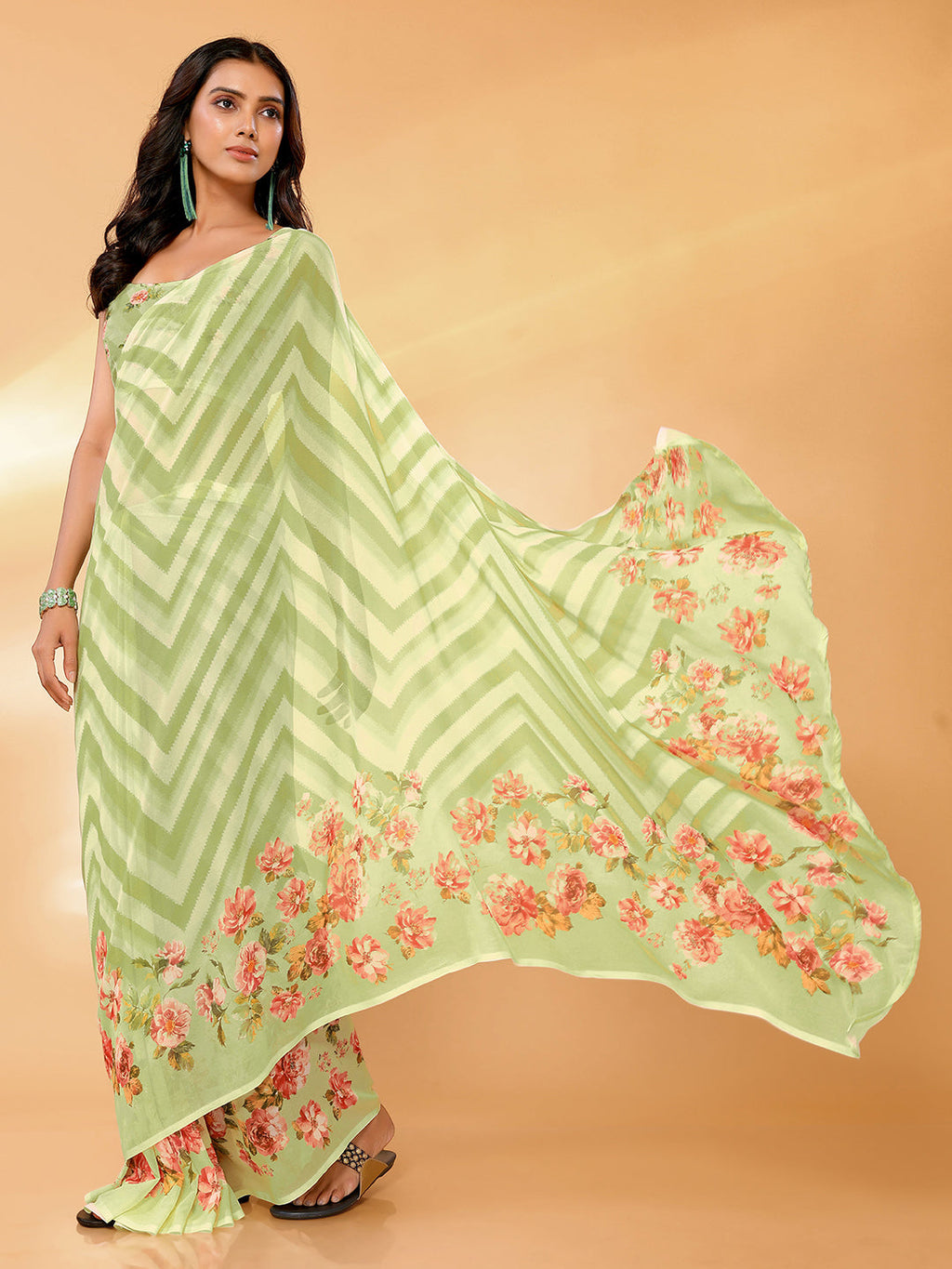 Janasya Light Green Georgette Floral Printed Saree - Distacart