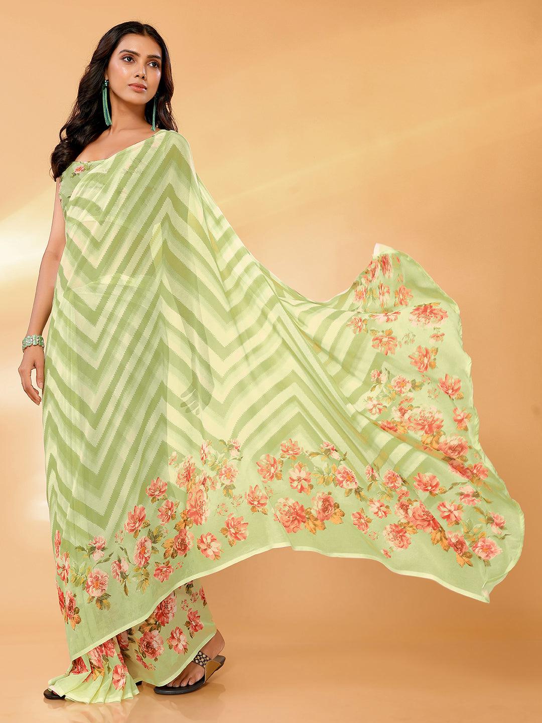 Janasya Light Green Georgette Floral Printed Saree - Distacart