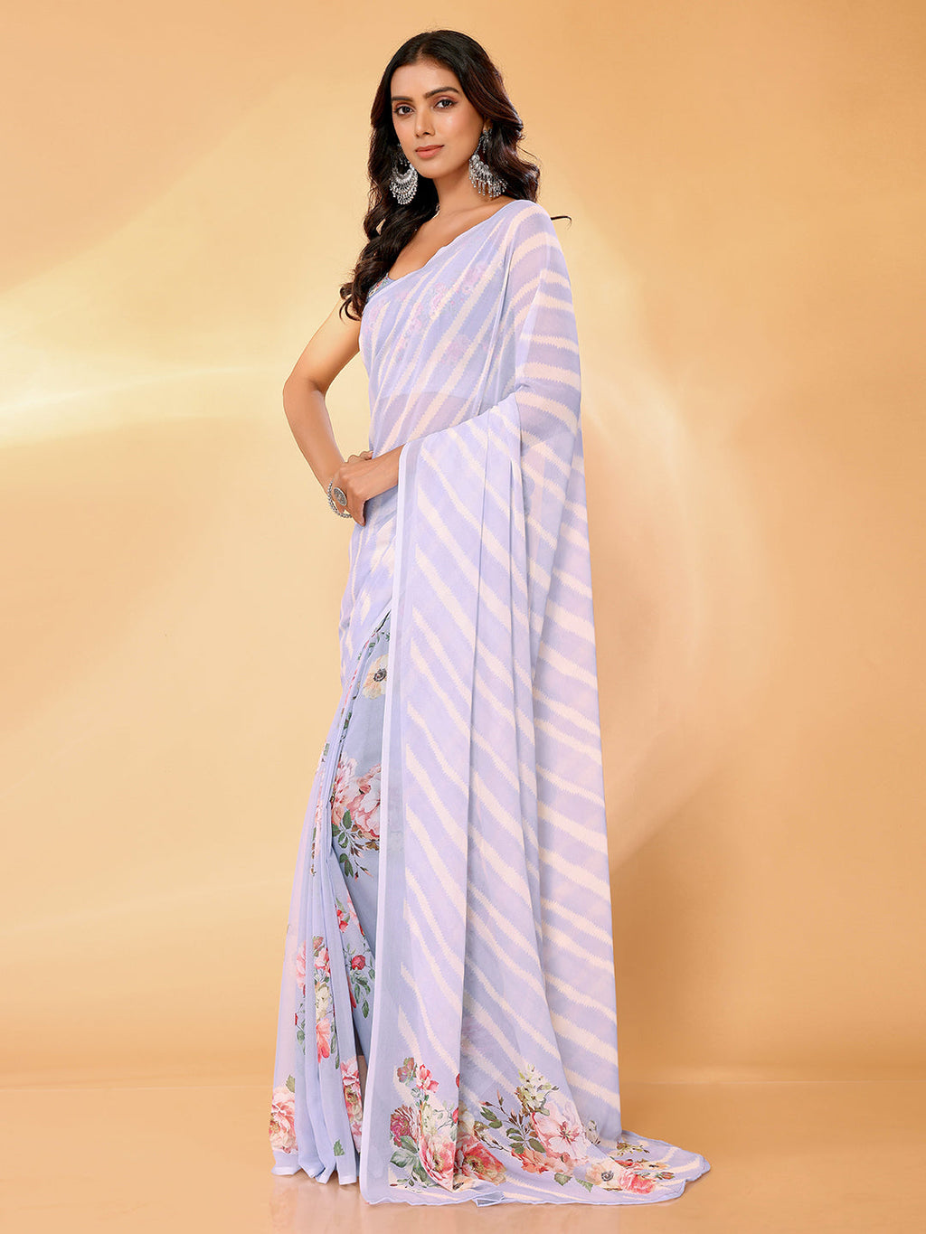 Janasya Lavender Georgette Floral Printed Saree - Distacart