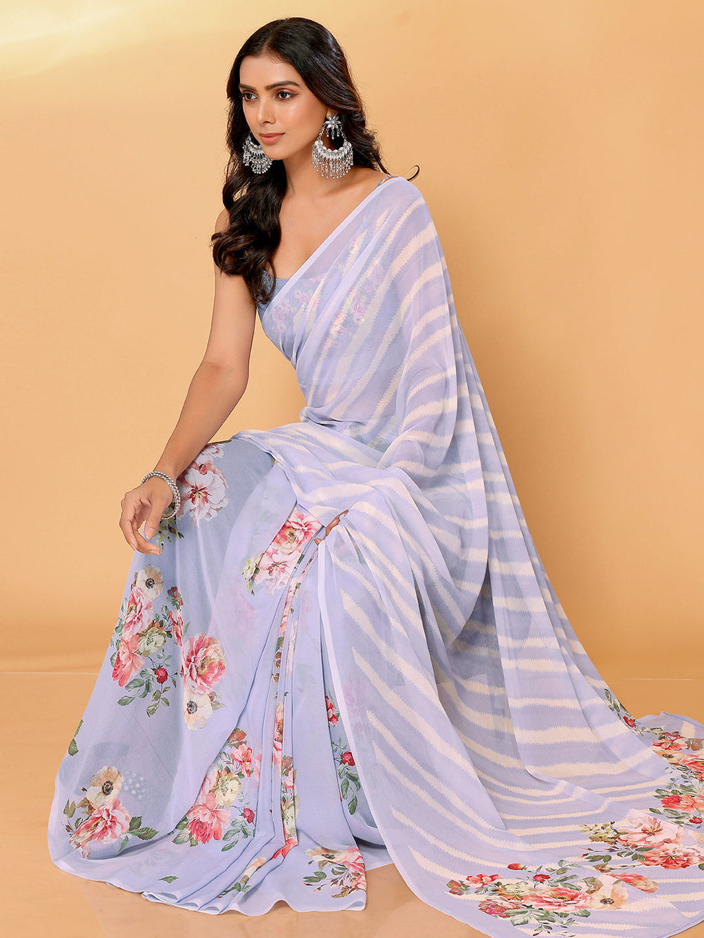 Janasya Lavender Georgette Floral Printed Saree - Distacart