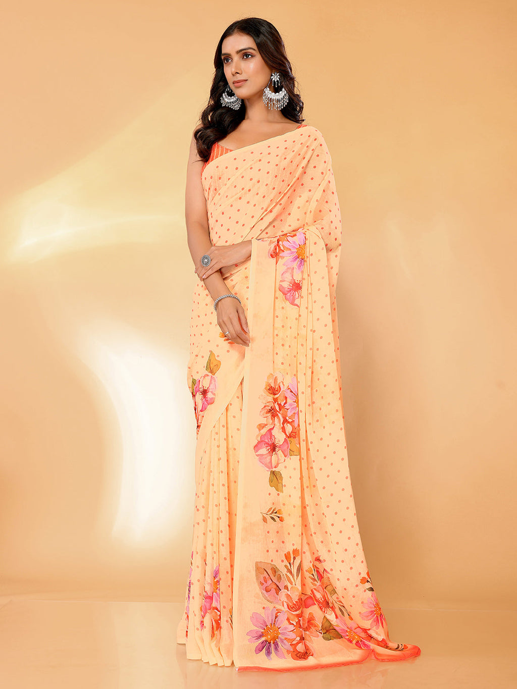 Janasya Peach Georgette Floral Printed Saree - Distacart