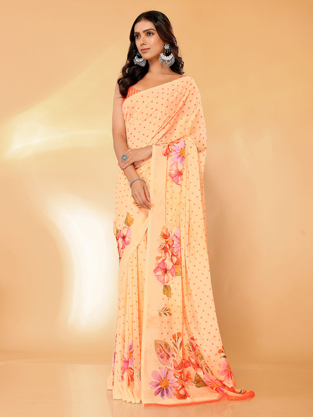 Janasya Peach Georgette Floral Printed Saree - Distacart