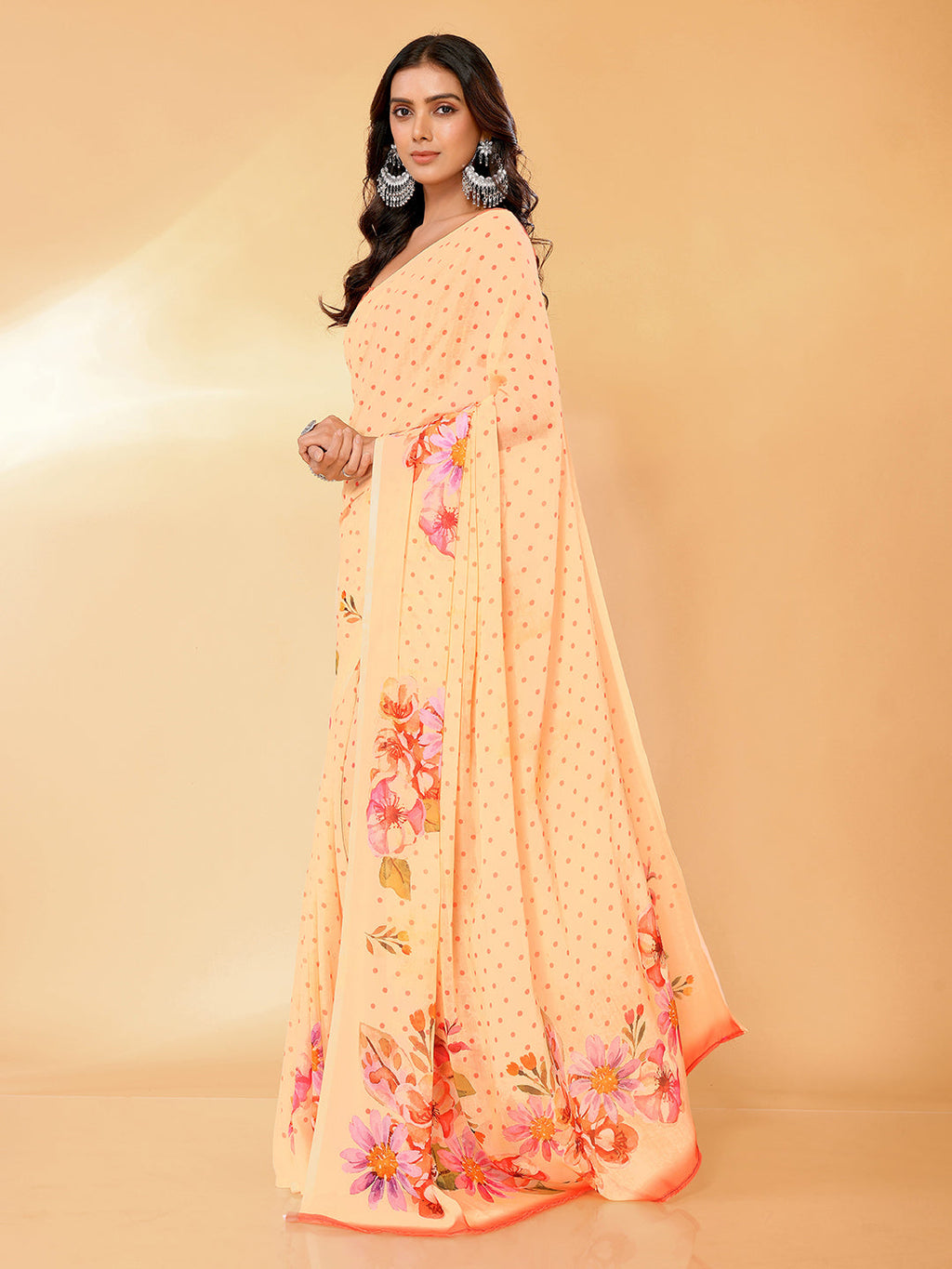 Janasya Peach Georgette Floral Printed Saree - Distacart