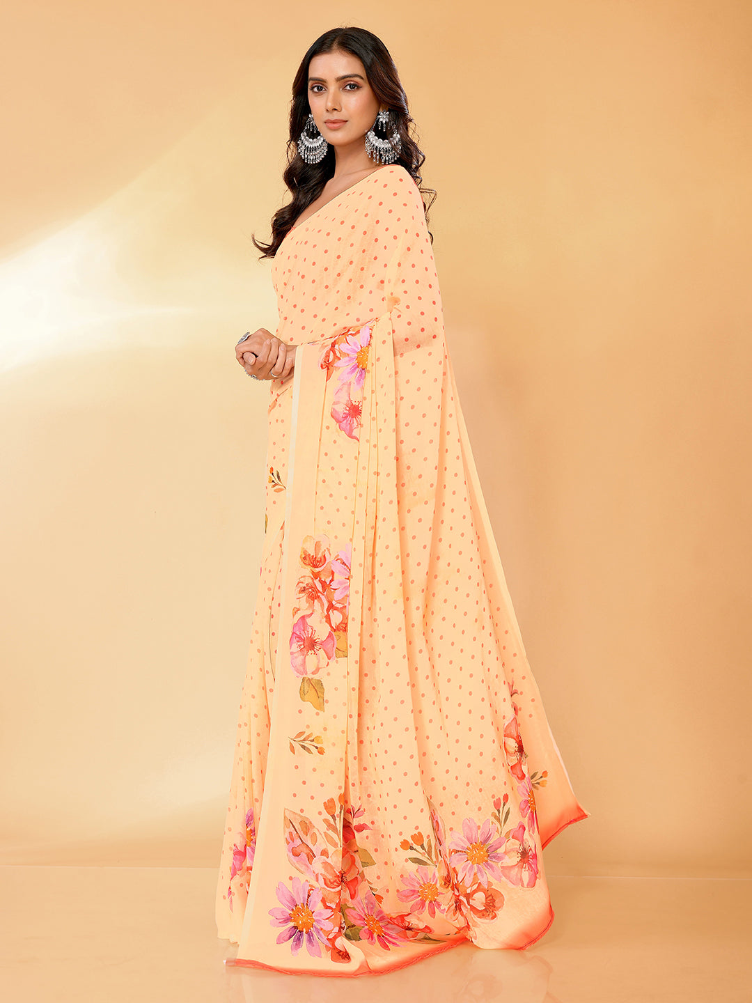 Janasya Peach Georgette Floral Printed Saree - Distacart