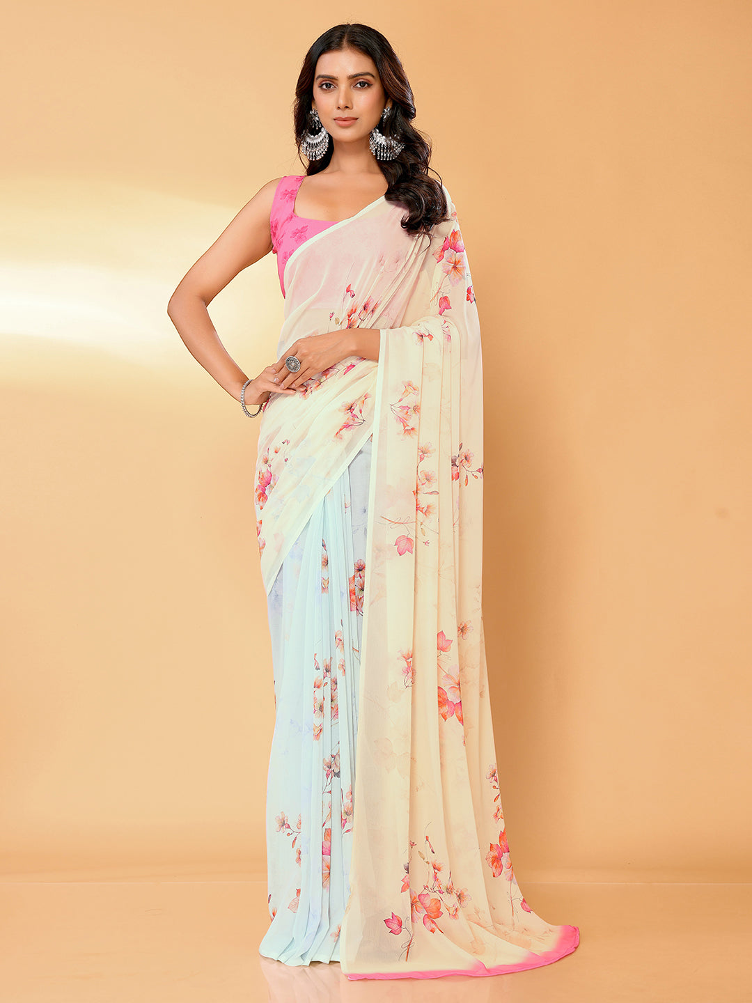 Janasya Peach Georgette Floral Printed Saree - Distacart