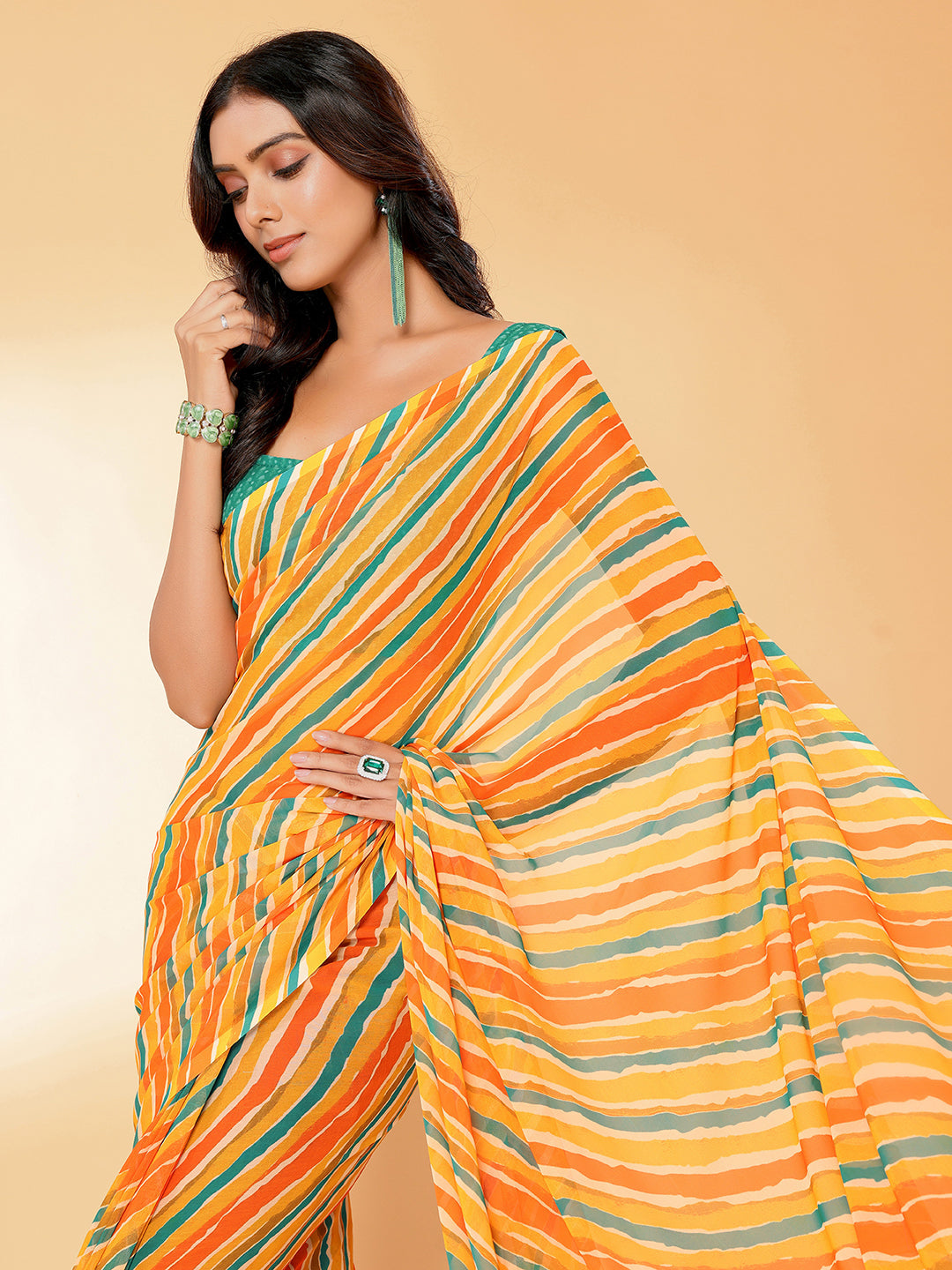 Janasya Orange Georgette Leheriya Printed Saree - Distacart