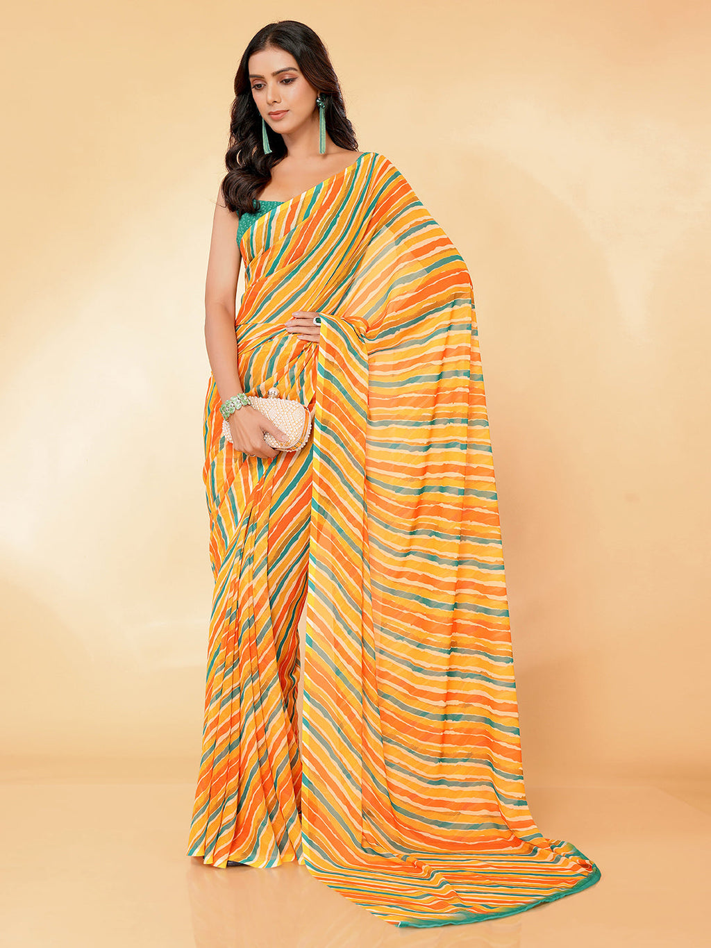 Janasya Orange Georgette Leheriya Printed Saree - Distacart