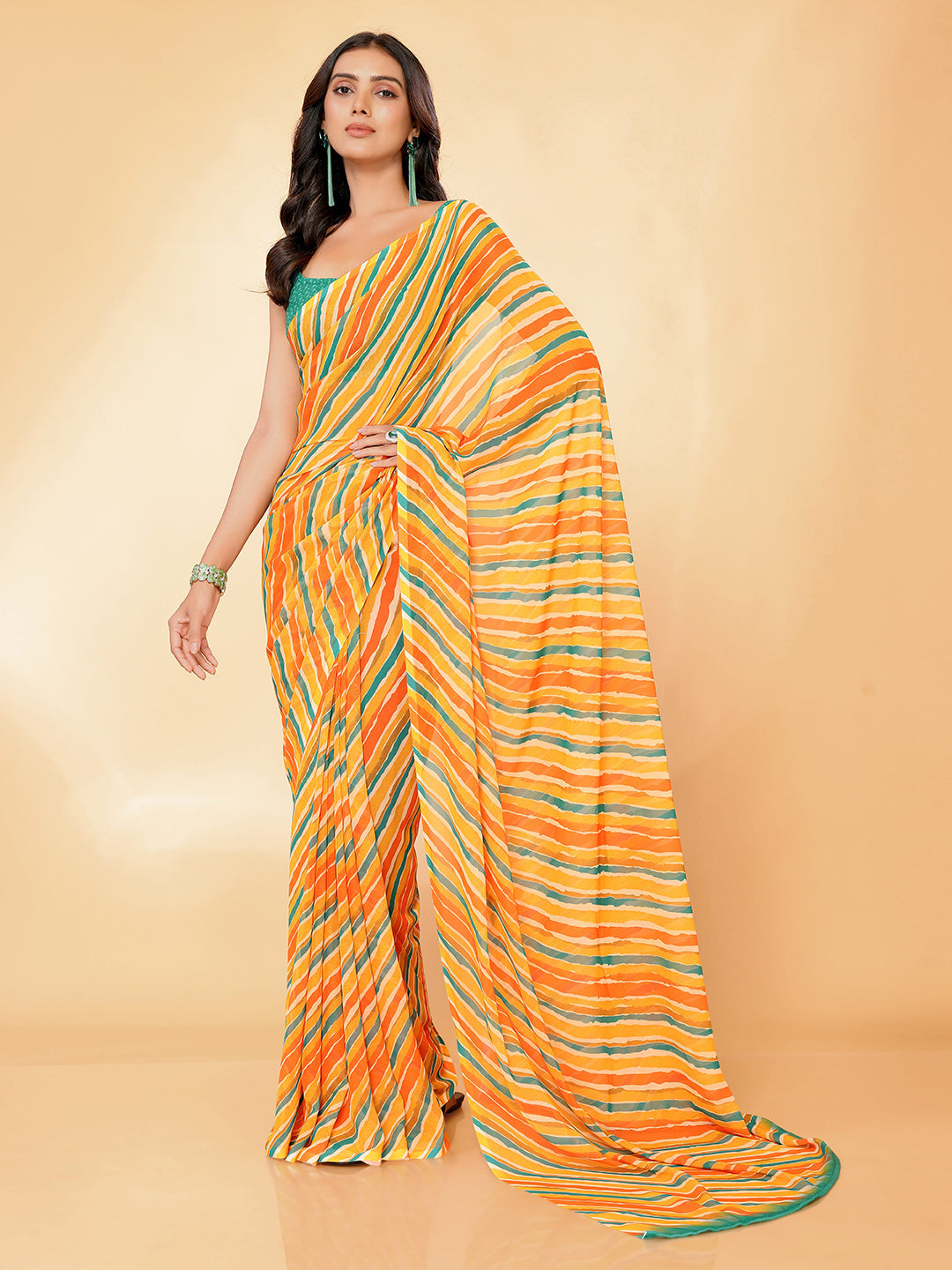 Janasya Orange Georgette Leheriya Printed Saree - Distacart