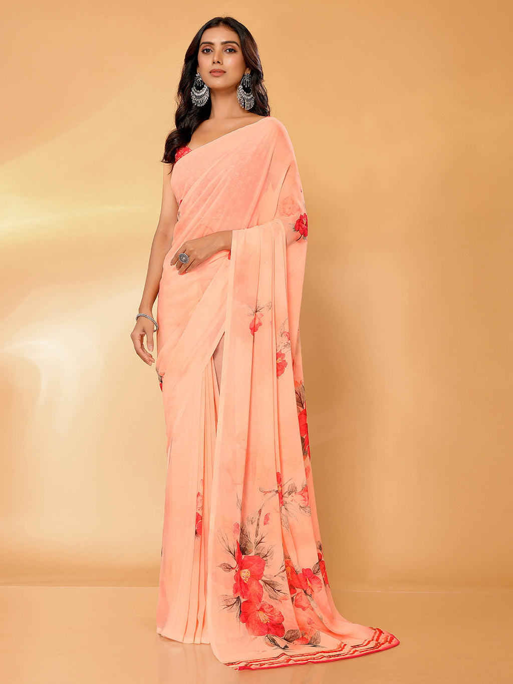 Janasya Peach Georgette Floral Printed Saree - Distacart